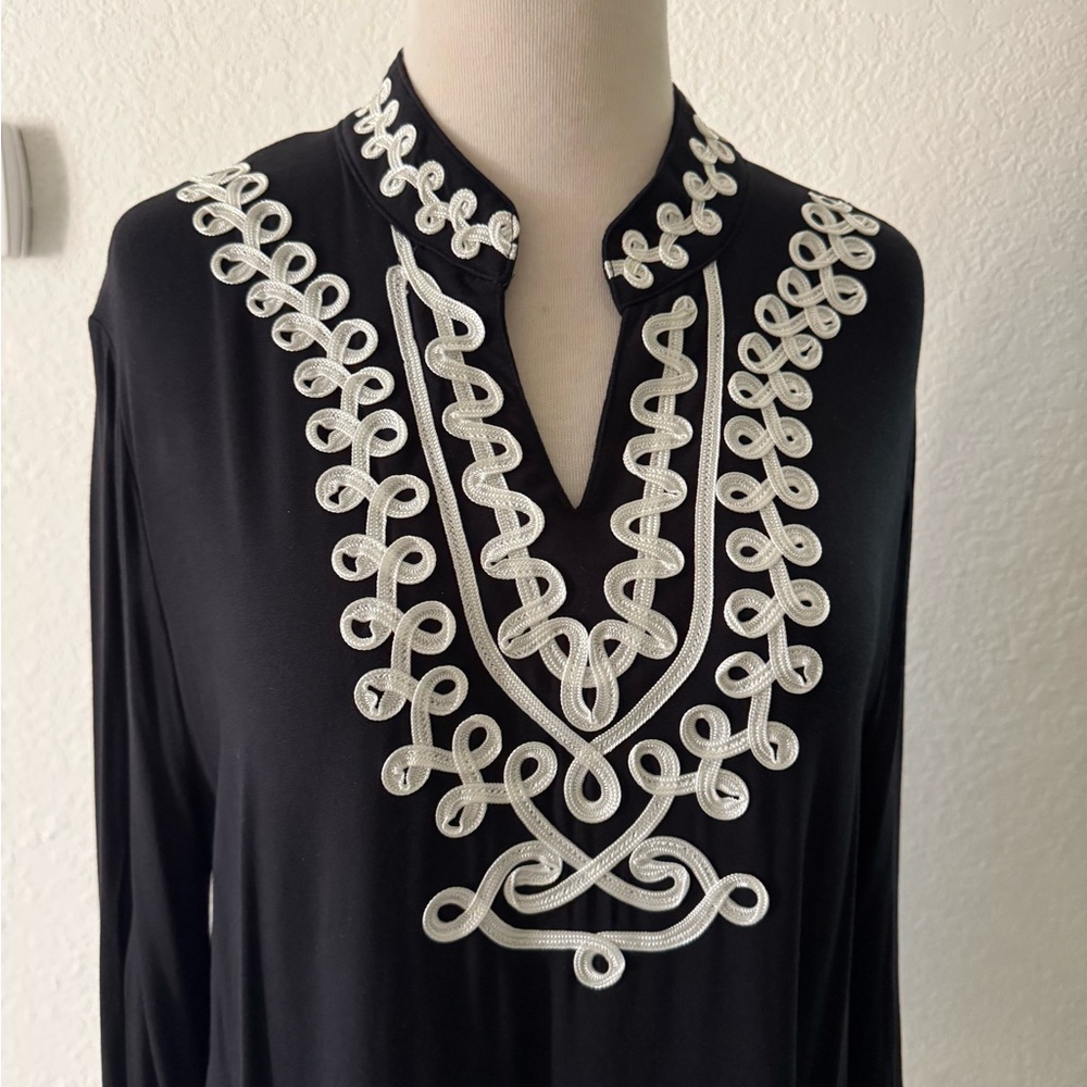 NEW Nanette Lepore Chiffon Black w/ White Contrast Embroidered Tunic Sz. L‎ NWT
